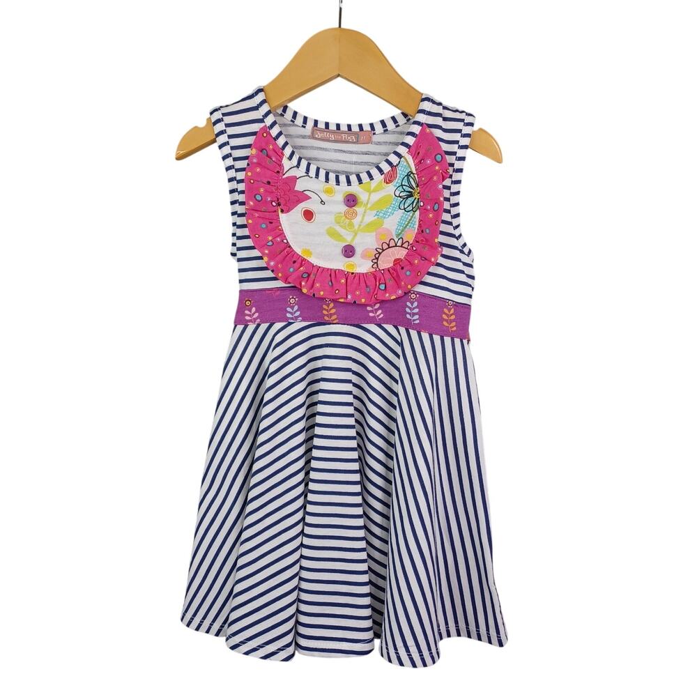 Jelly The Pug Girls Priscilla Stripe Ruffle Bib Twirl Knit Dress Size 2T Bow Tie